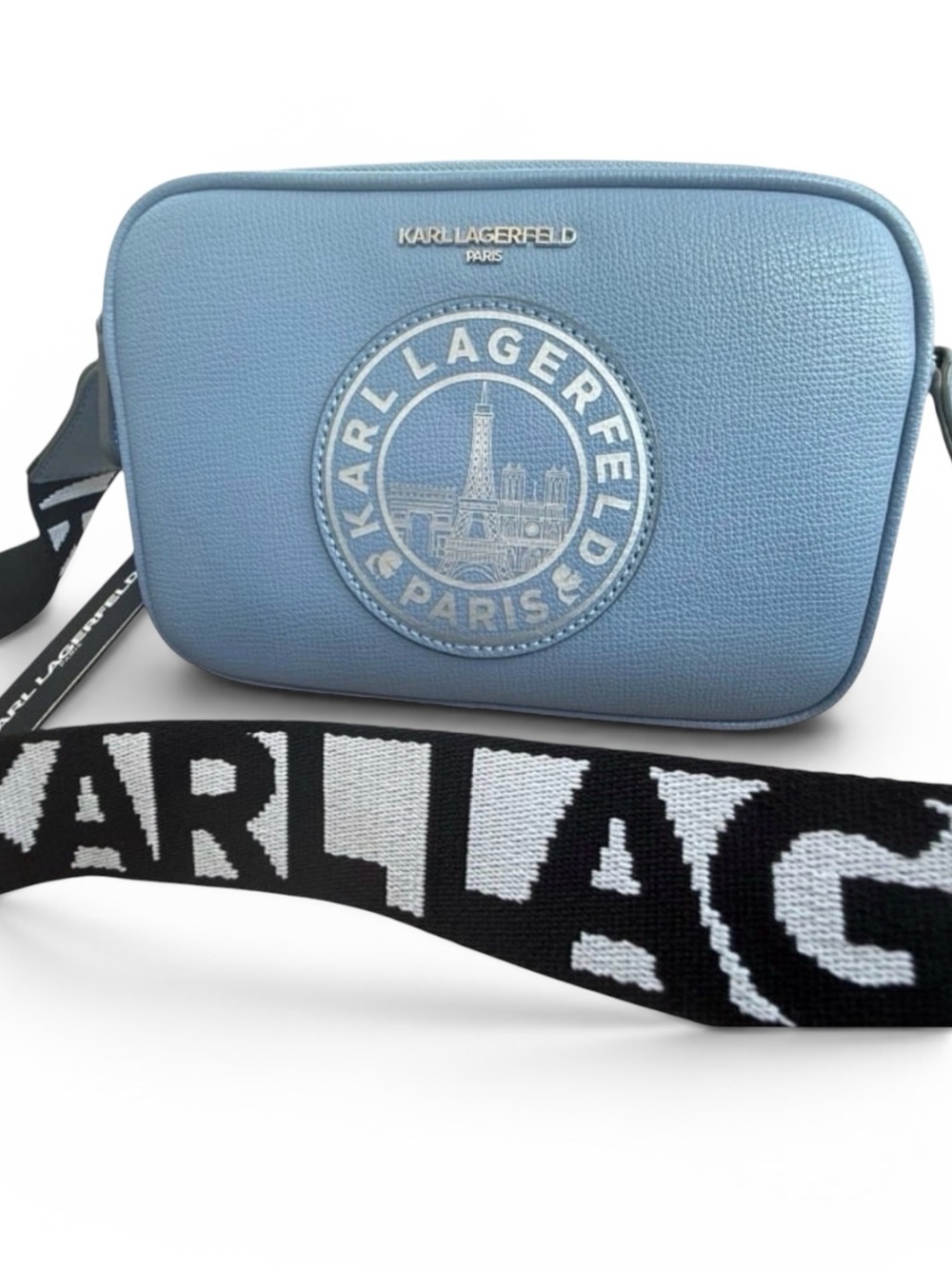 Karl Lagerfeld Crossbody Blue Fog Paris Skyline Camera Bag & Mini Wallet NWT